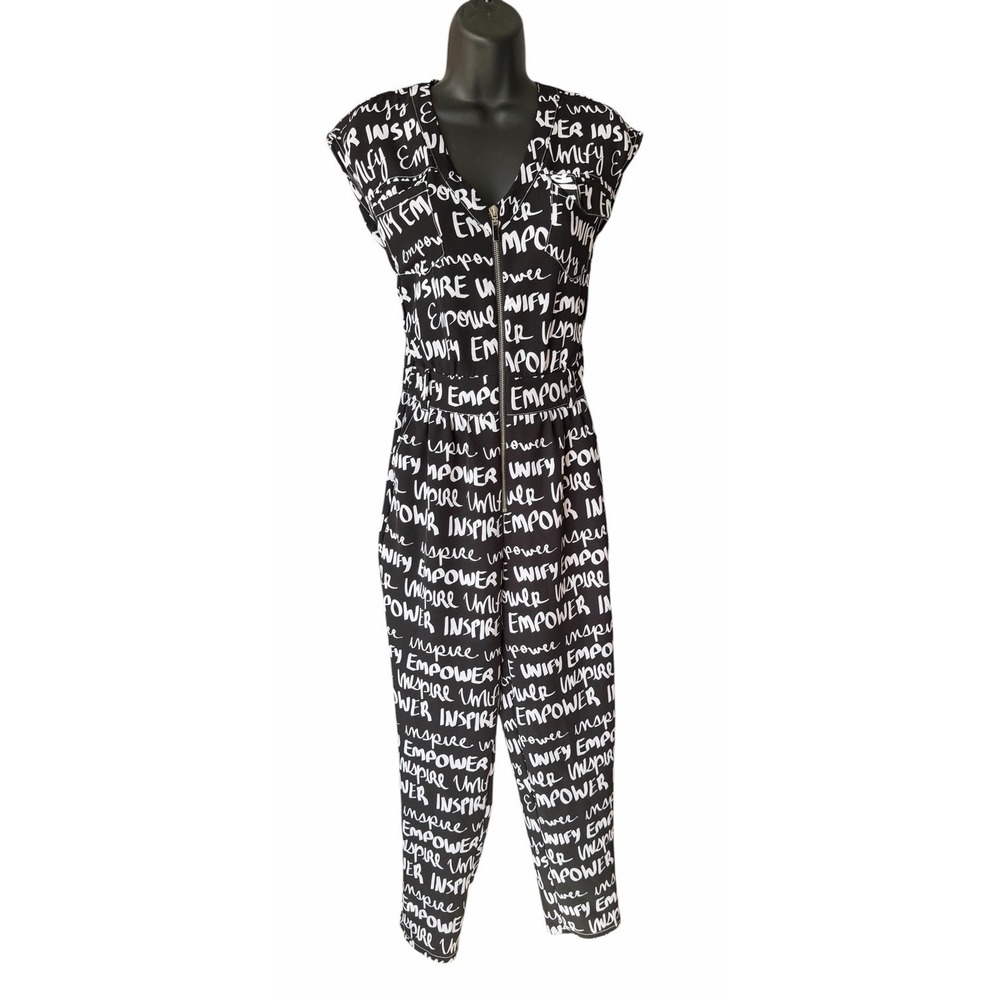 NY & Company Graphic Zip Front Jumpsuit XS Black White Cap Sleeve Pockets